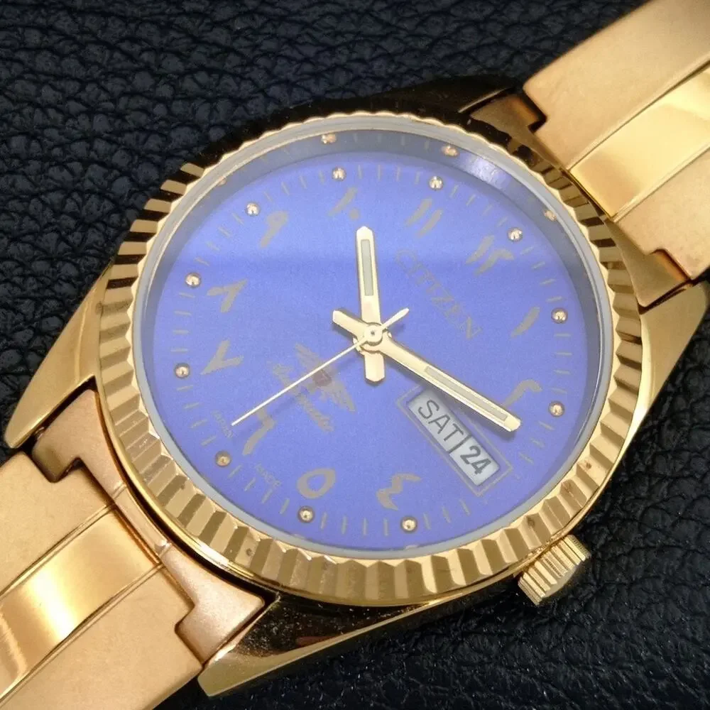 Vintage 1977 Citizen Automatic Mens Gold Watch W/daydate & Blue accents